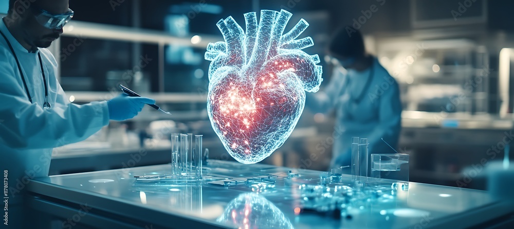 Poster at the heart of the high-tech lab, scientists are reviewing their findings with a heart model.