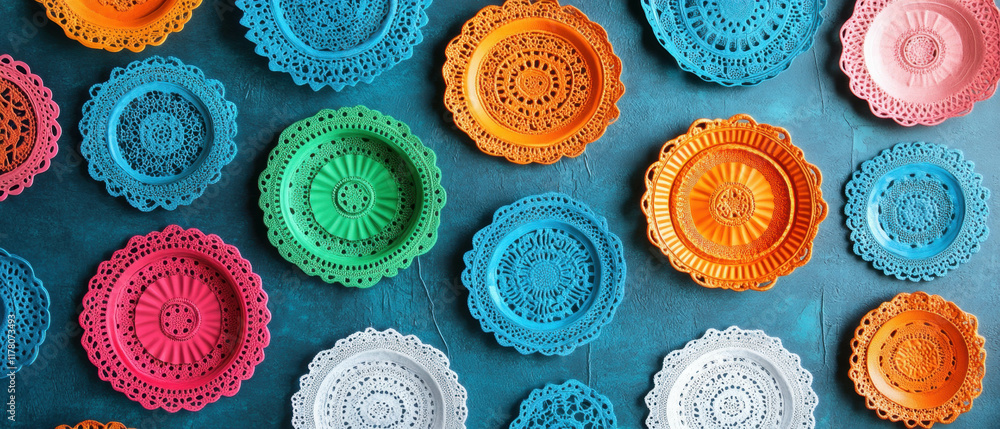 Poster vibrant collection of paper doilies showcasing intricate lace patterns on a colorful background