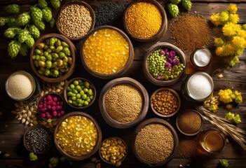 dynamic arrangements vibrant beer ingredients showcasing malts artistic colorful presentation, ale, amber, aromatic, barley, barrels, beers, bottles