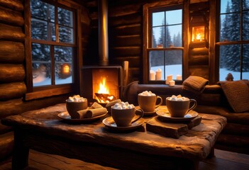 warm cozy cabin scene featuring hot cocoa marshmallows rustic decor soft lighting inviting atmosphere, winter, fireplace, drink, mug, blanket, table, chair