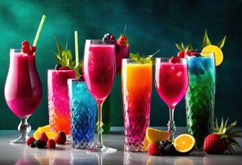 vibrant arrangement colorful beverages displayed polished surface vivid glassware refreshing drinks, cocktail, juice, soda, liquid, pour, refreshment, bar