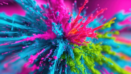 Dynamic explosion of colorful paint splashes in vibrant hues.