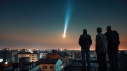 Night skyline view with men observing comet across star-filled sky.