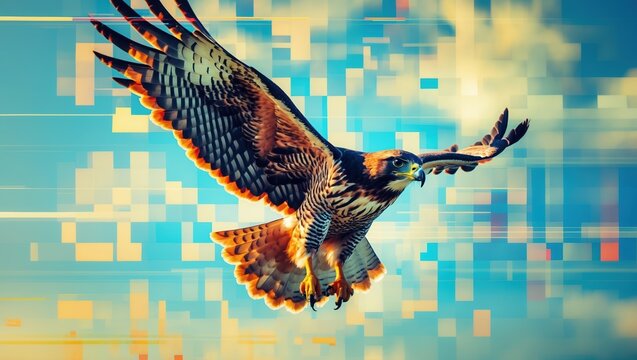 Majestic hawk soaring with digital overlay against blue sky