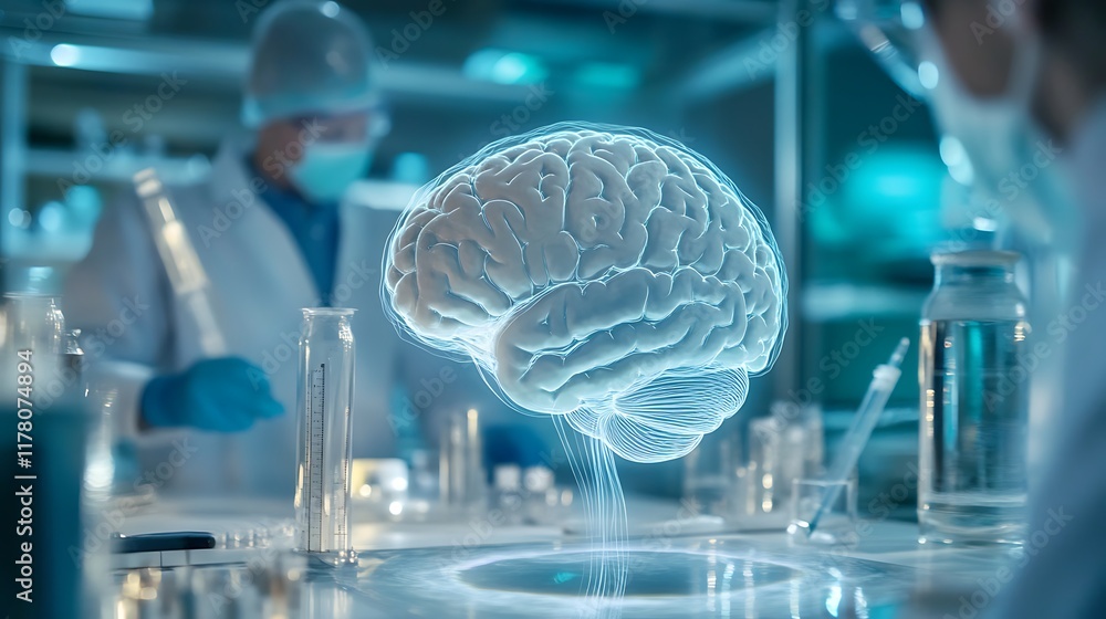 Poster high-tech lab with holographic brain model and scientists analyzing data