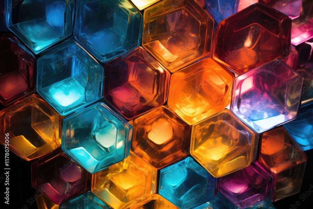 Poster an array of vibrant hexagonal prisms floats gracefully, illuminated by colorful lights, creating a m