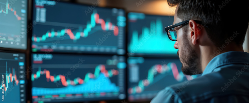 Aufkleber Man studies financial charts on multiple screens. Data analysis in progress in office environment. Pro focused on market trends. Business person monitors stock info. Tech tools used for investment.