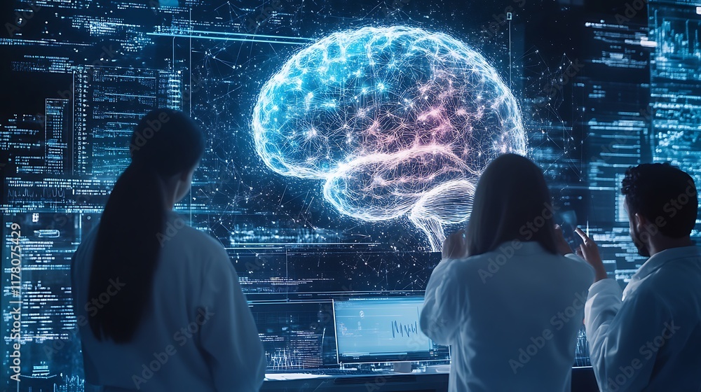 Poster advanced research lab with holographic brain and scientists sharing insights