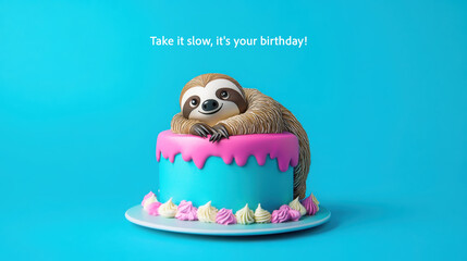 Cartoon sloth birthday card design featuring cute cake and festive elements