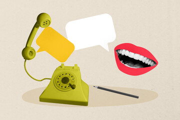 Creative photo poster trend art collage image of mouth smile talk telephone handset call center...