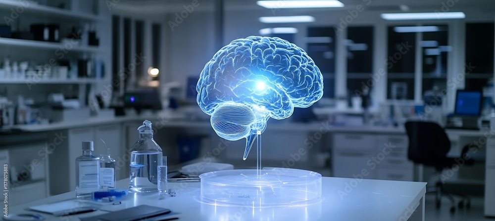 Poster futuristic lab with human brain model and scientists exploring new discoveries