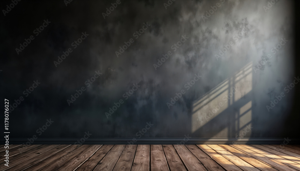 Poster empty room with dark gray wall, wooden floor. sunlight casts shadows of window on wall. simple inter