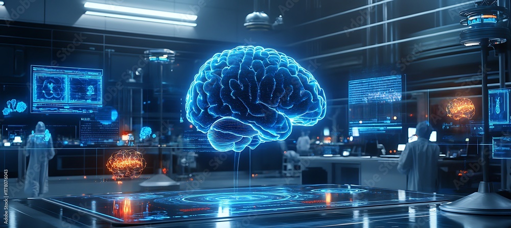 Poster advanced research lab with holographic brain and scientists sharing insights