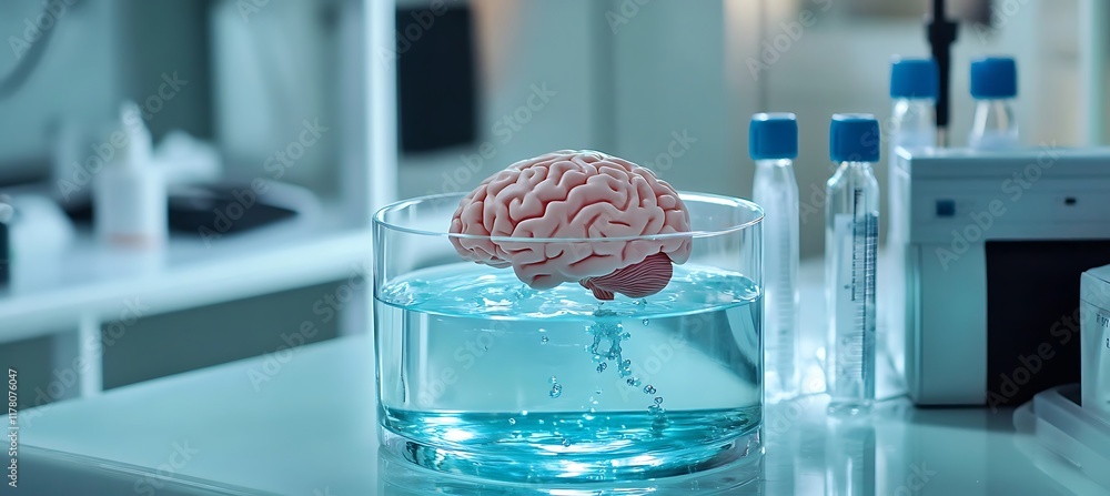 Poster high-tech lab with a brain model at the center, as scientists discuss new discoveries and research