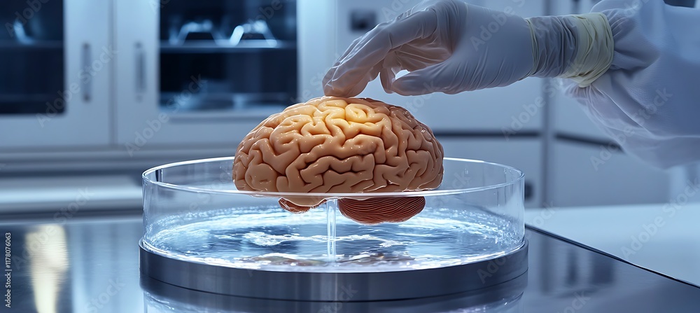 Poster high-tech lab with a brain model at the center, as scientists discuss new discoveries and research
