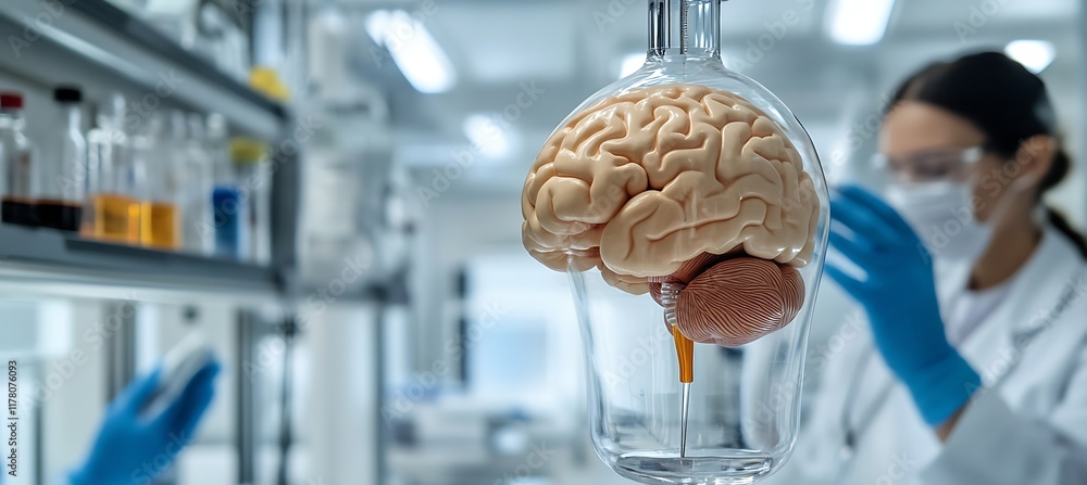 Poster high-tech lab with a brain model at the center, as scientists discuss new discoveries and research