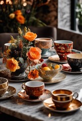 Fototapeta premium chic display unique mismatched beverage cups resting elegant table surface creating eye catching visual contrast, design, color, object, dishware, ceramic