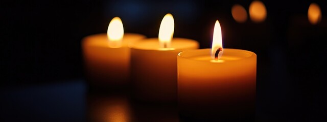 Warm glow of candle flames create an intimate atmosphere in a cozy indoor setting during the evening hours