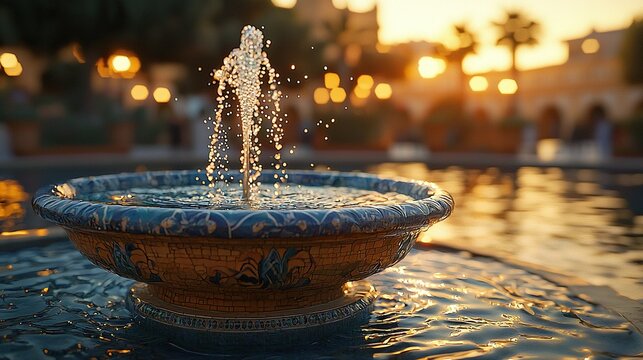 Ornate fountain sprays water at sunset in a bustling town square. - Powered by Adobe