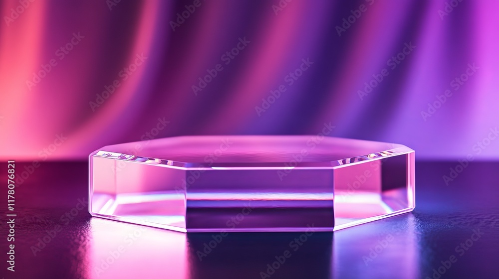 Poster glass transparent hexagon product podium on abstract holographic background with light flash effect.