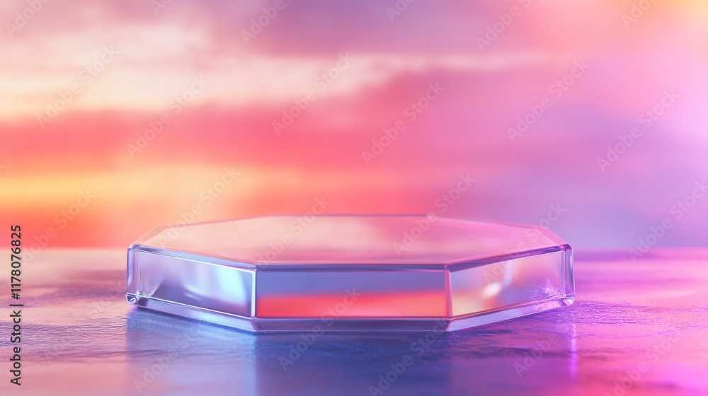 Poster glass transparent hexagon product podium on abstract holographic background with light flash effect.