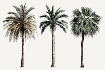 Palm trees on a white background, featuring different species and textures