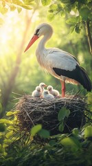 Fototapeta premium Stork with chicks in nest during sunrise.
