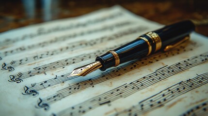 Elegant Fountain Pen Rests on Aged Music Sheet