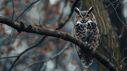 A regal owl perched on a tree branch, its piercing eyes gazing into the distance.