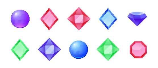 Pixel gemstone set. Vibrant jewels retro-style pixel diamond ruby design sapphire.