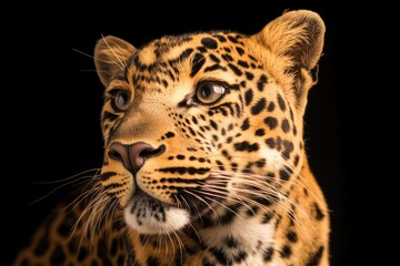 Obraz premium Close-up shot of a leopard's face with a black background, suitable for wildlife or nature-themed projects