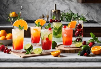 colorful arrangement fresh cocktail ingredients displayed dynamic eye catching shoot, vibrant, garnishes, fruits, glasses, shaker, syrup, ice, herbs