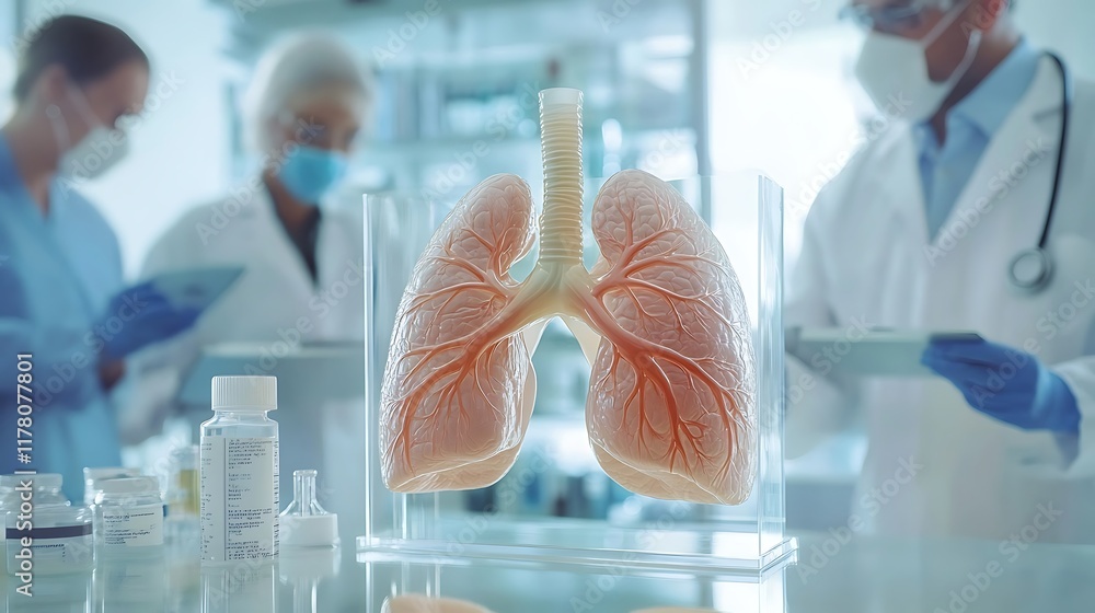 Poster scientists in a futuristic lab, analyzing the human respiratory system model and discussing key find