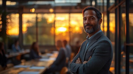 Fototapeta premium Professional Man Stands Confidently During Sunset Meeting Indoors. Generative AI
