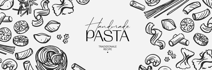 Traditional Italian pasta vector drawing. Free hand loose style sketch of various type of pasta. 