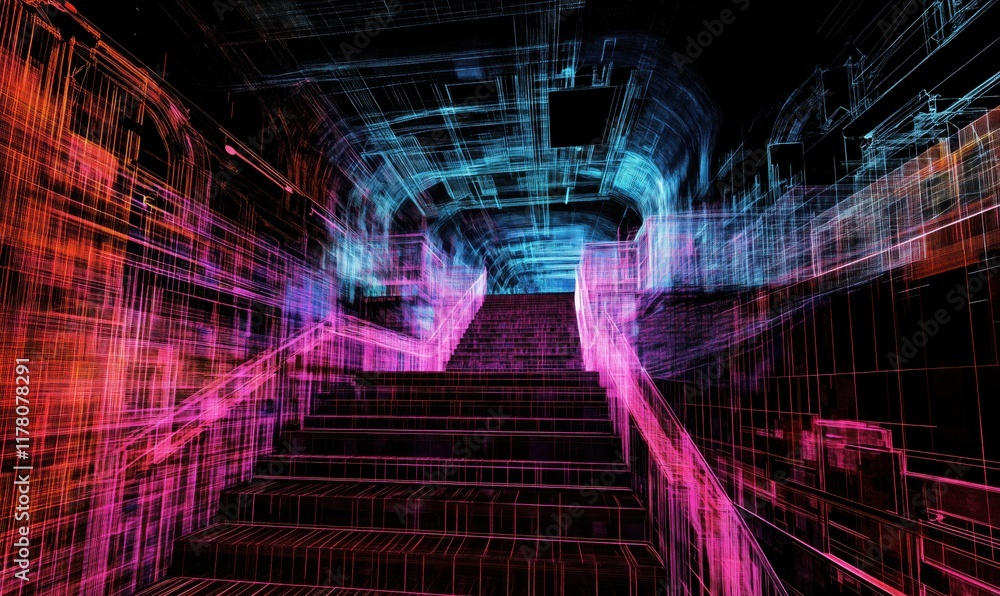 Aufkleber staircase visualization in neon colors with abstract lines and 3d perspective
