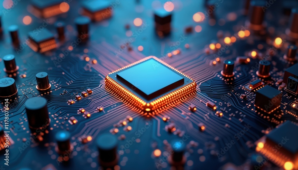 Poster Close-up view of intricate computer circuit board. Advanced tech microchip glows orange. Complex network of electronic components. High-tech design with futuristic elements. Illustrative tech
