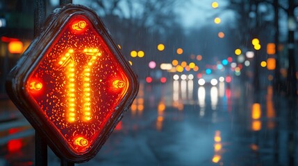 Obraz premium Rainy night city street, illuminated number 11 sign.