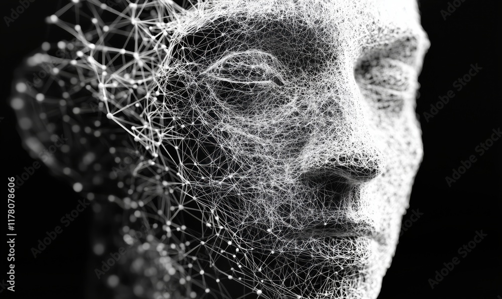 Poster abstract 3d wireframe human face representation with intricate network of lines and nodes