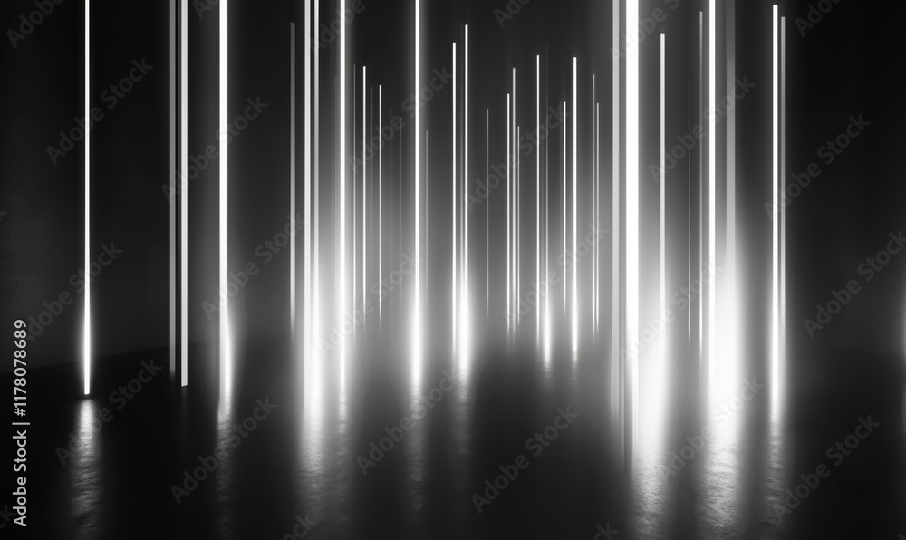 Poster abstract light installation with vertical beams illuminating dark space, creating a surreal atmosphe