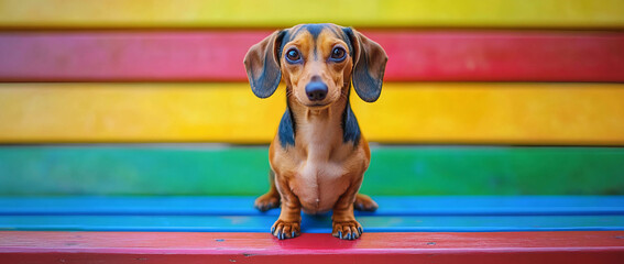Adorable Dachshund puppy sitting on a colorful bench.
