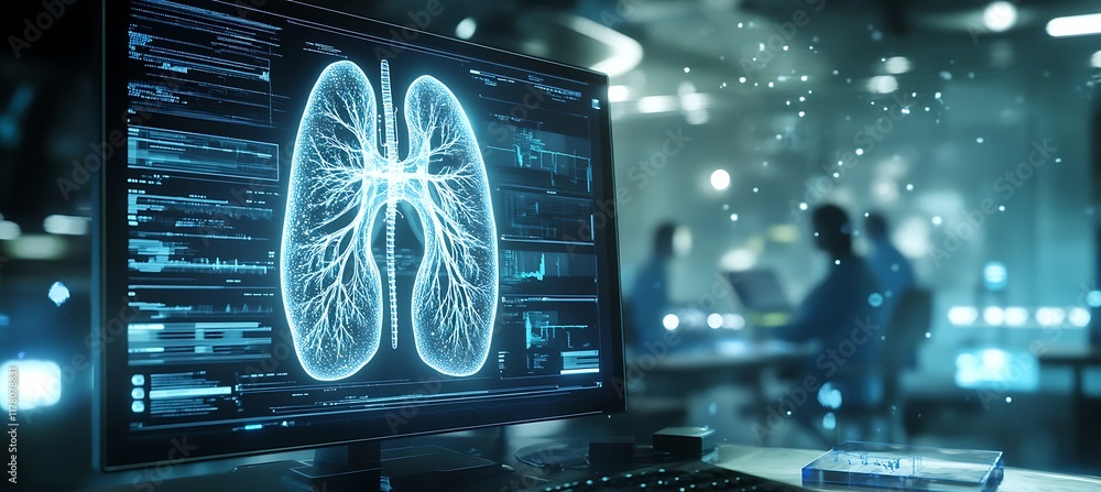 Poster high-tech lab showcasing a holographic respiratory system model with scientists engaged in a lively 