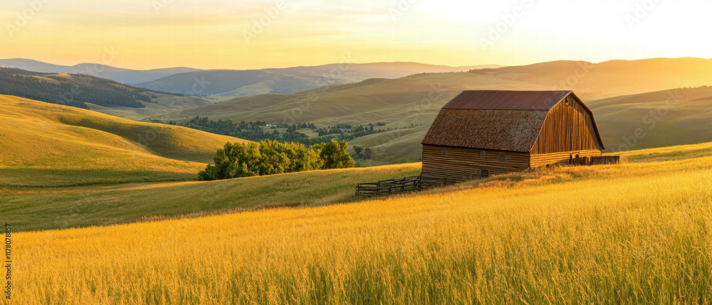 Poster sunset illuminating a rustic barn in a tranquil field surrounded by rolling hills