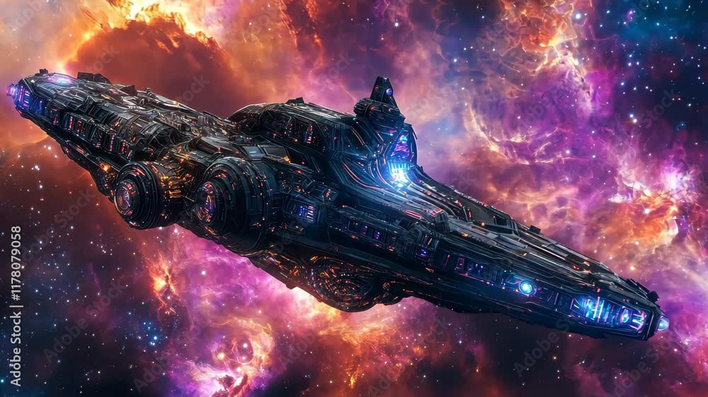 Poster rotating alien fractal spacecraft glides through vibrant cosmic nebula in an expansive universe, ali