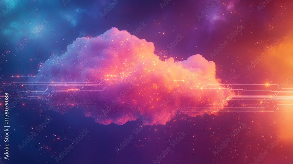 Poster technology banner design, design a digital banner with a floating cloud connected to glowing circuit