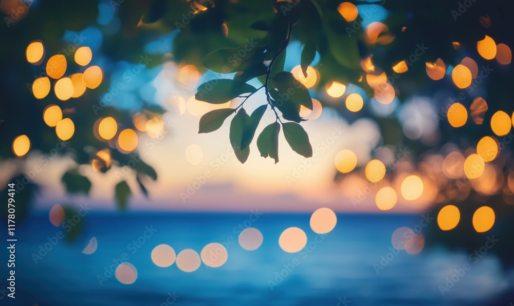 Poster bokeh lights and leaves framing serene ocean sunset, creating a dreamy atmosphere with soft colors a
