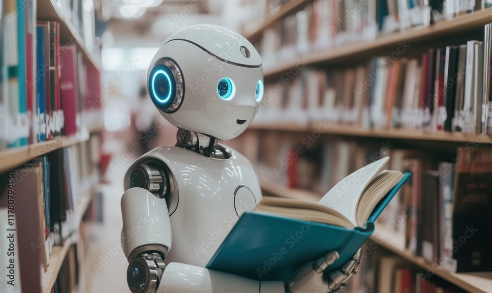 Aufkleber robot reading book in library, showcasing advanced technology and artificial intelligence in educati