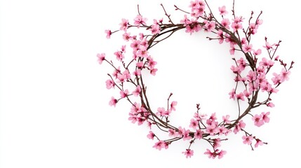 Pink blossom wreath, spring, circle, white background, greeting card