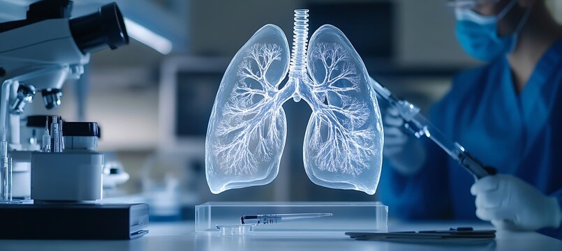 Advanced laboratory showcasing a hologram of lungs while scientists collaborate on medical discoveries and innovative solutions.