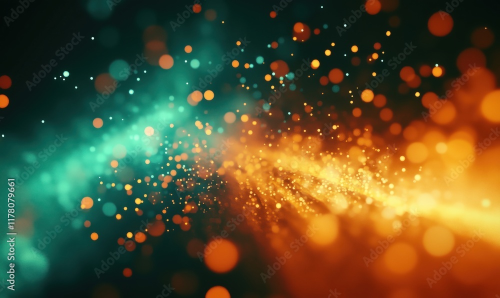 Poster vibrant abstract background with glowing particles in teal and orange hues, creating a dynamic visua